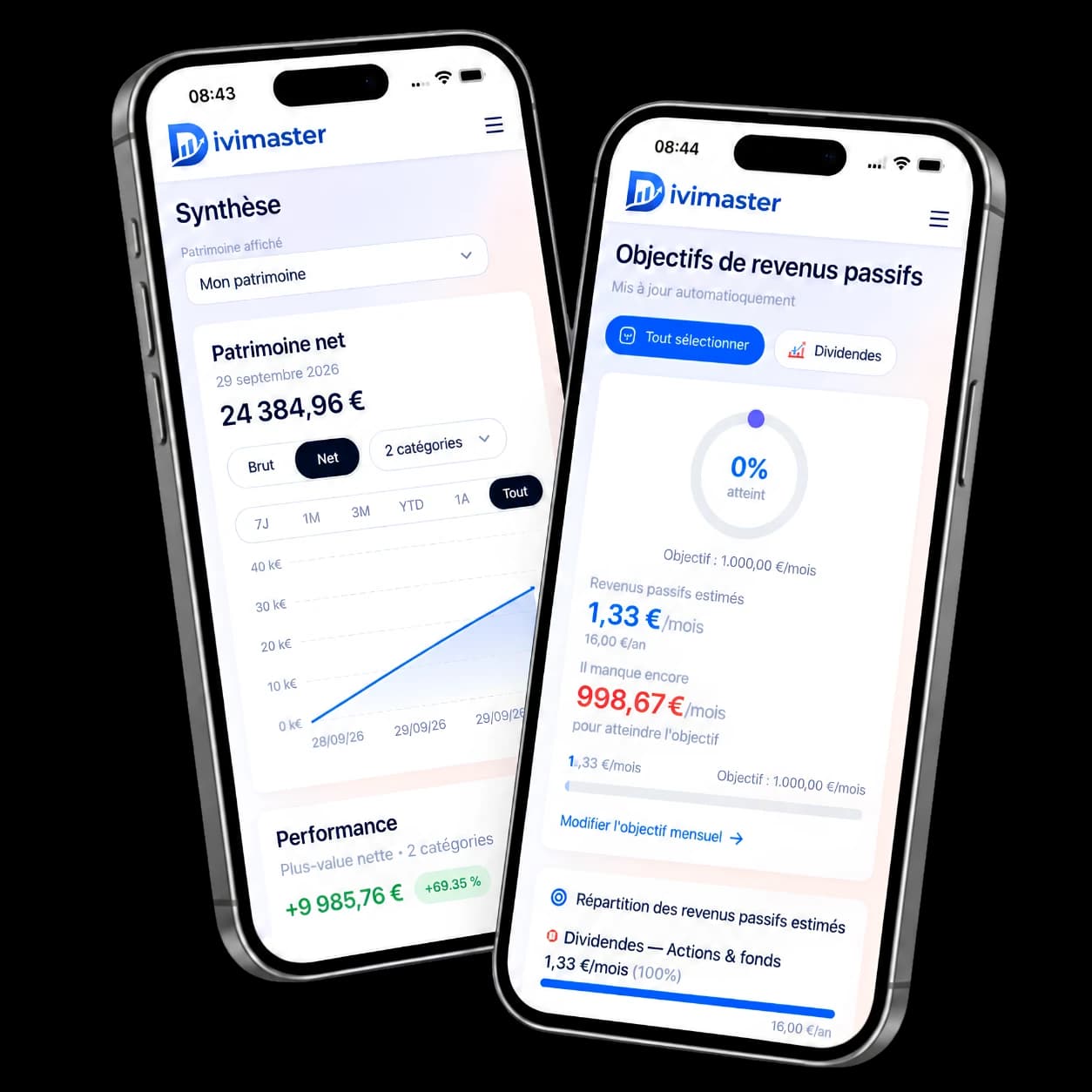 Application mobile Divimaster montrant le suivi du patrimoine et des objectifs de revenus passifs