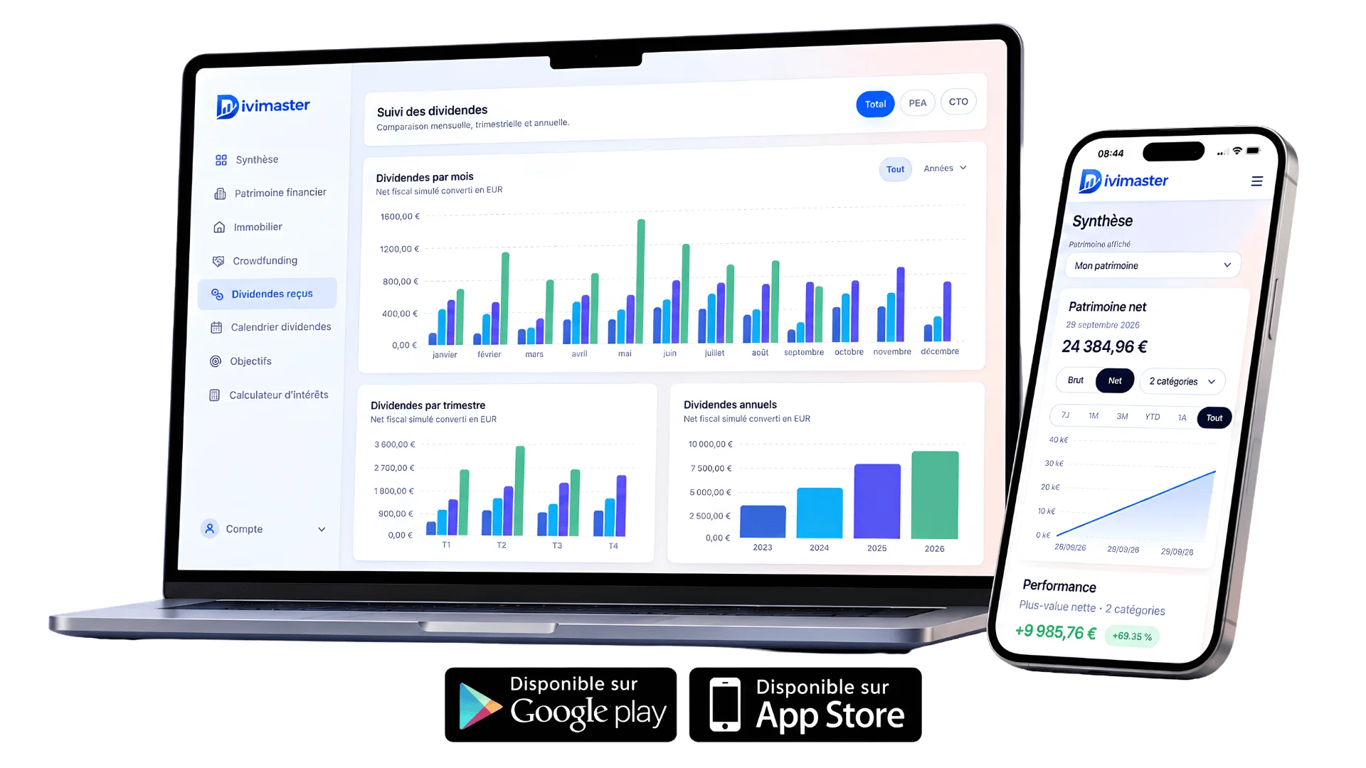 Divimaster sur ordinateur et mobile pour suivre son patrimoine, ses investissements et ses dividendes